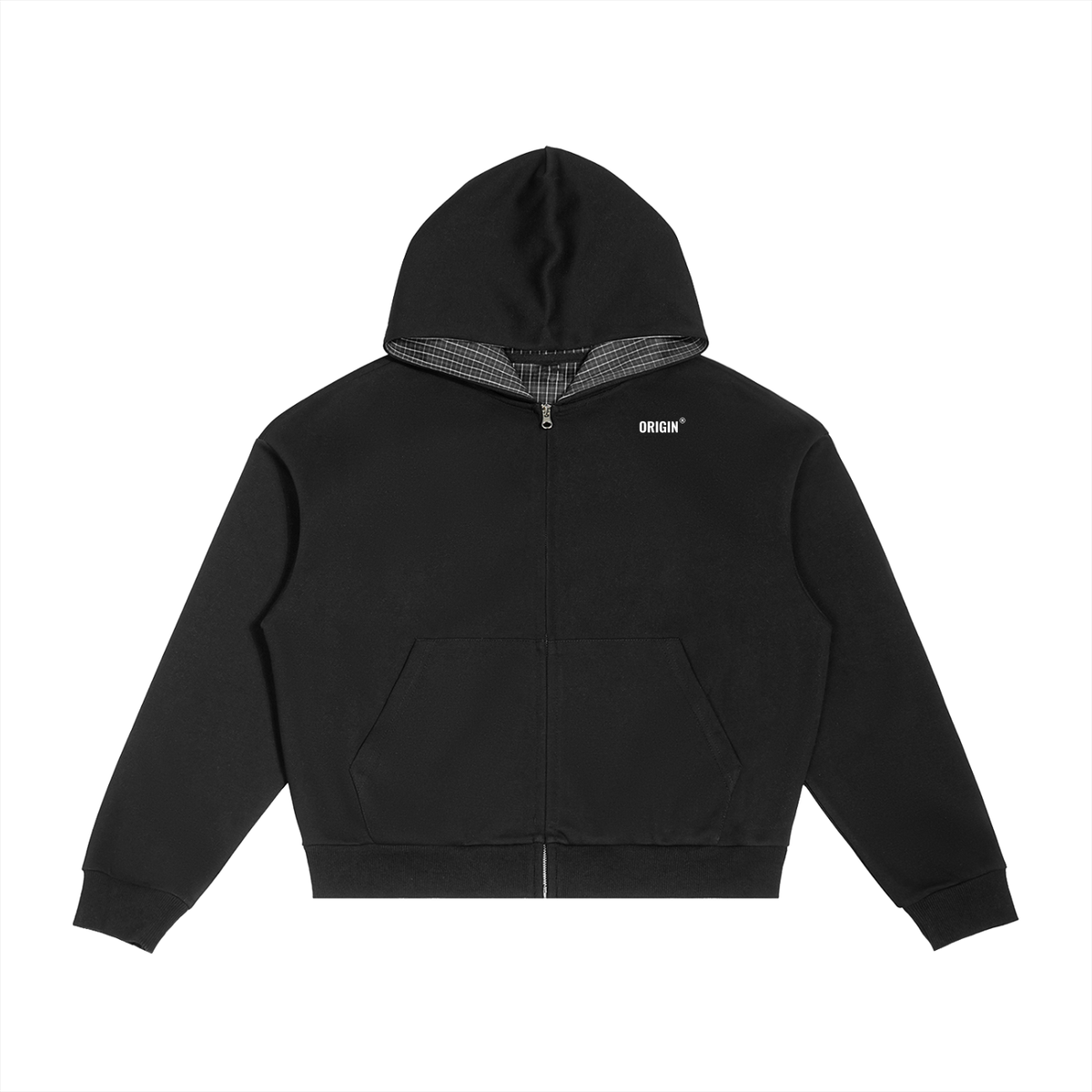 Contrast Plaid Boxy Zip Hoodie