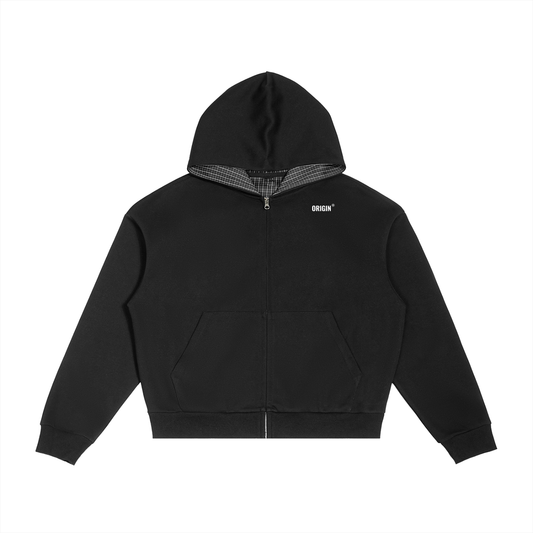 Contrast Plaid Boxy Zip Hoodie